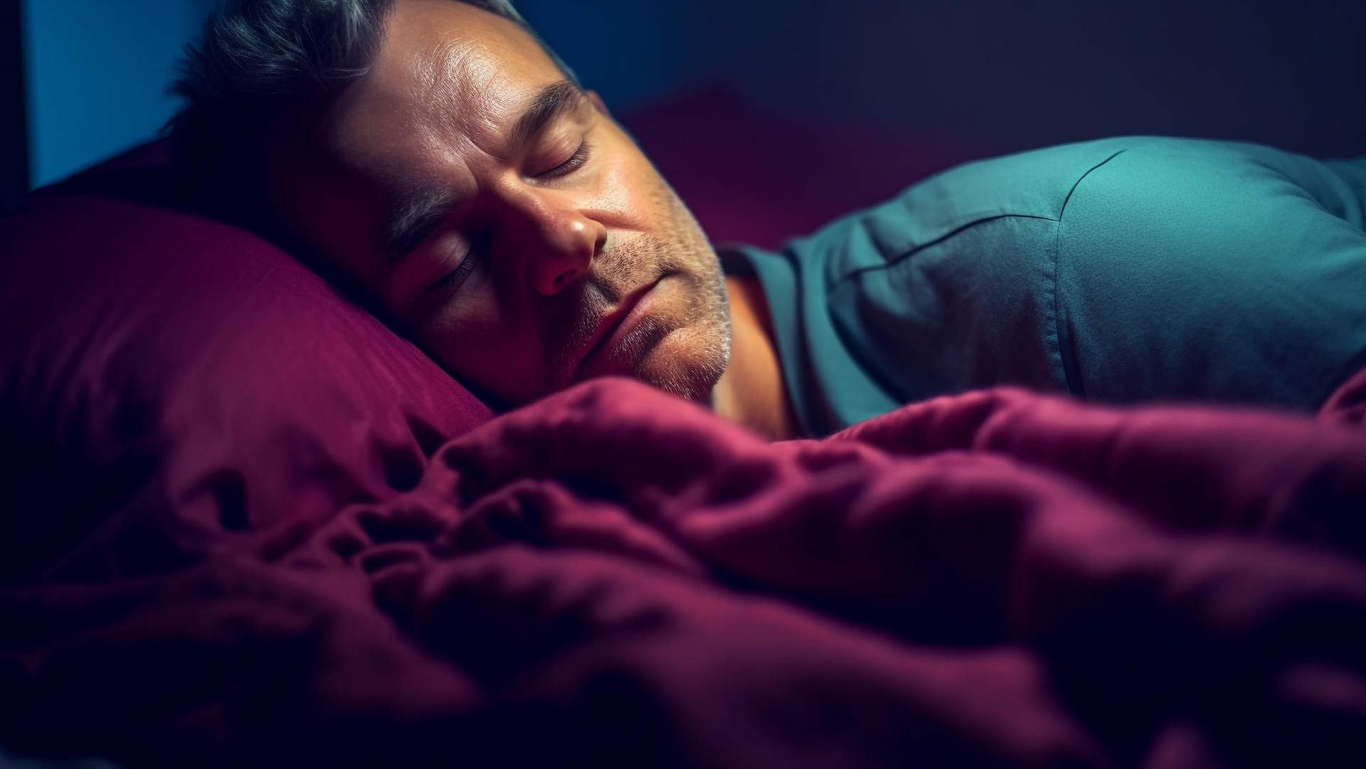 Middle-aged man sleeping peacefully in bed with dim lighting, illustrating the benefits of nicotine-free e-liquid for better sleep.
