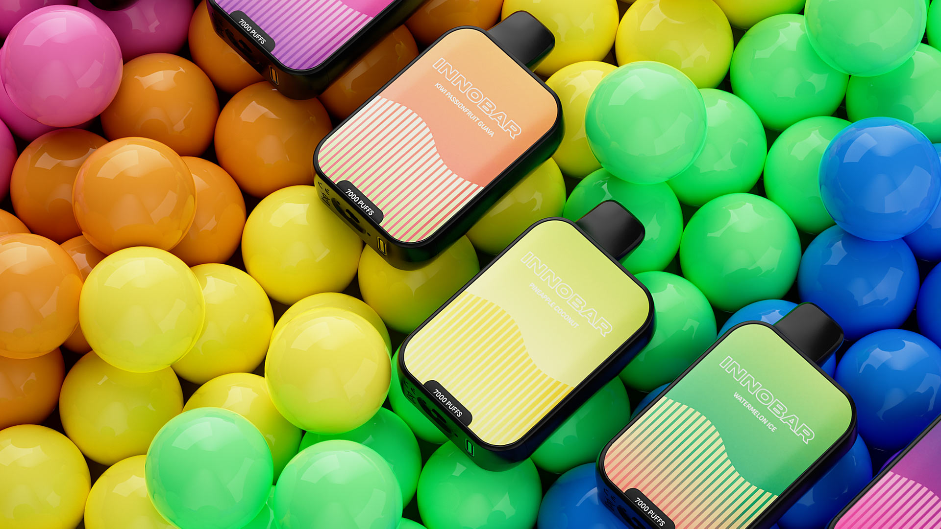 Colorful array of Innobar 7000 disposable vapes lying on a bed of multicolored plastic balls, showcasing a variety of flavors and vibrant packaging designs.