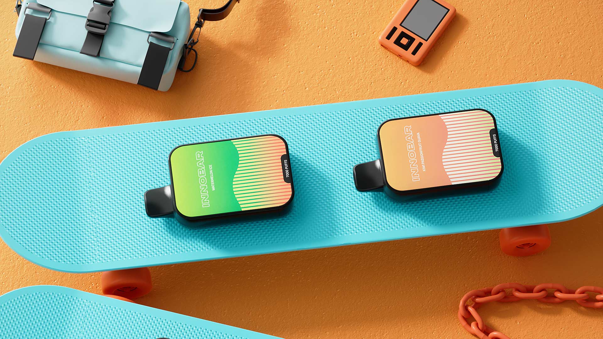 Colorful Innobar 7000 disposable vapes displayed on a bright blue skateboard.
