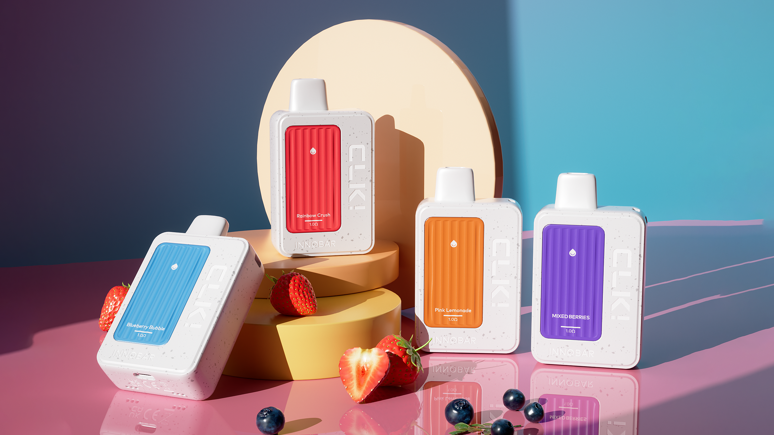 Four INNOBAR CLK in red, orange, blue, and purple with some strawberries and blueberries.