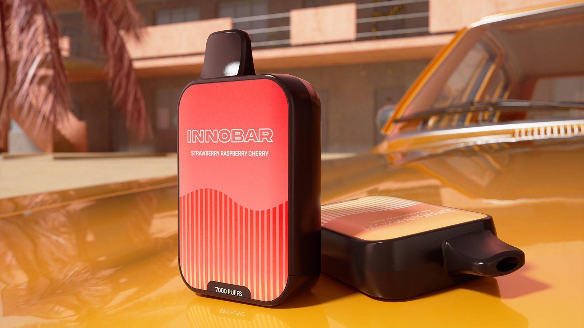 Innobar 7000 disposable vape in a red storage case on a car dashboard.