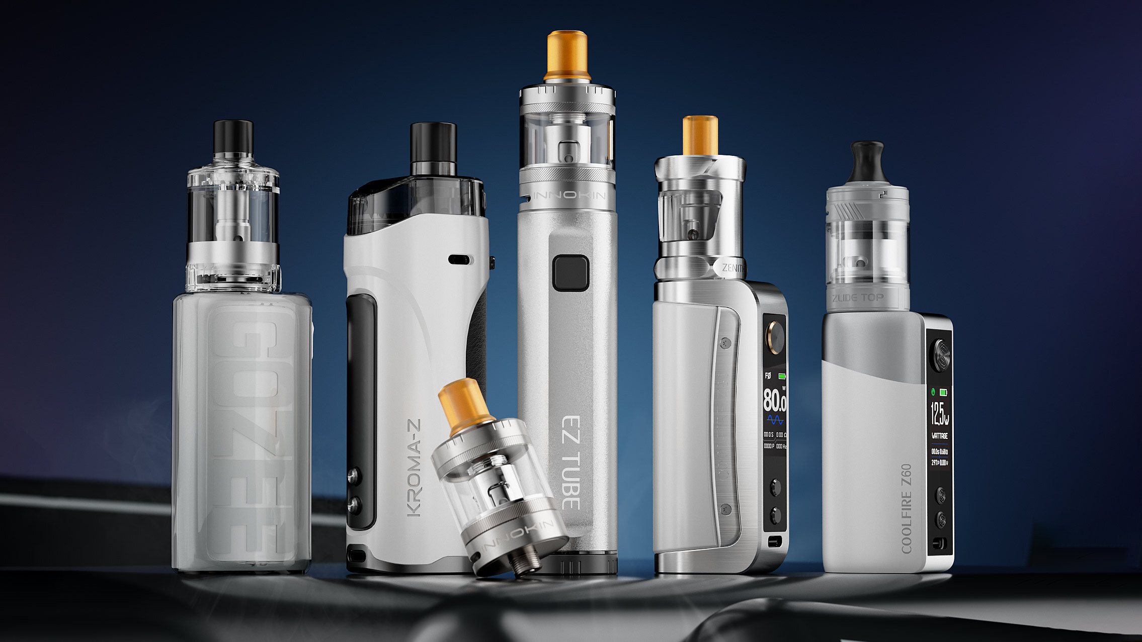Collection of Innokin vape devices, including the GOZEE, Kroma-Z, EZ.TUBE, CoolFire Z80,  and CoolFire Z60, displayed against a sleek dark gradient background, showcasing a variety of modern and high-performance vaping options.