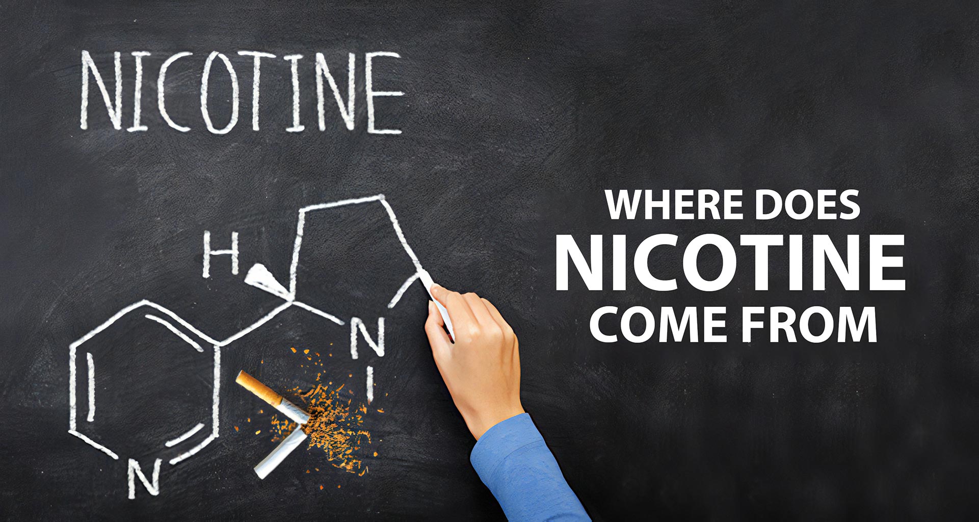 Chalkboard displaying nicotine's chemical structure, with 'NICOTINE' and 'WHERE DOES NICOTINE COME FROM' written, accompanied by a cigarette butt.