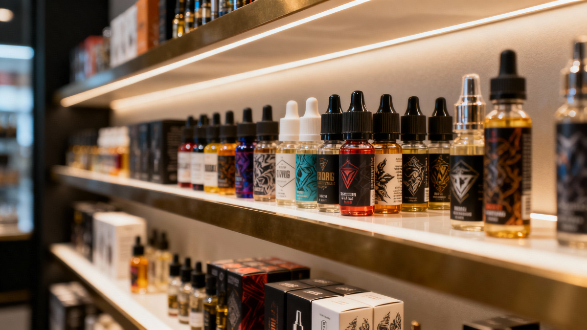 Vape shop shelves displaying e-liquid bottles, highlighting tips for buying fresh vape juice.