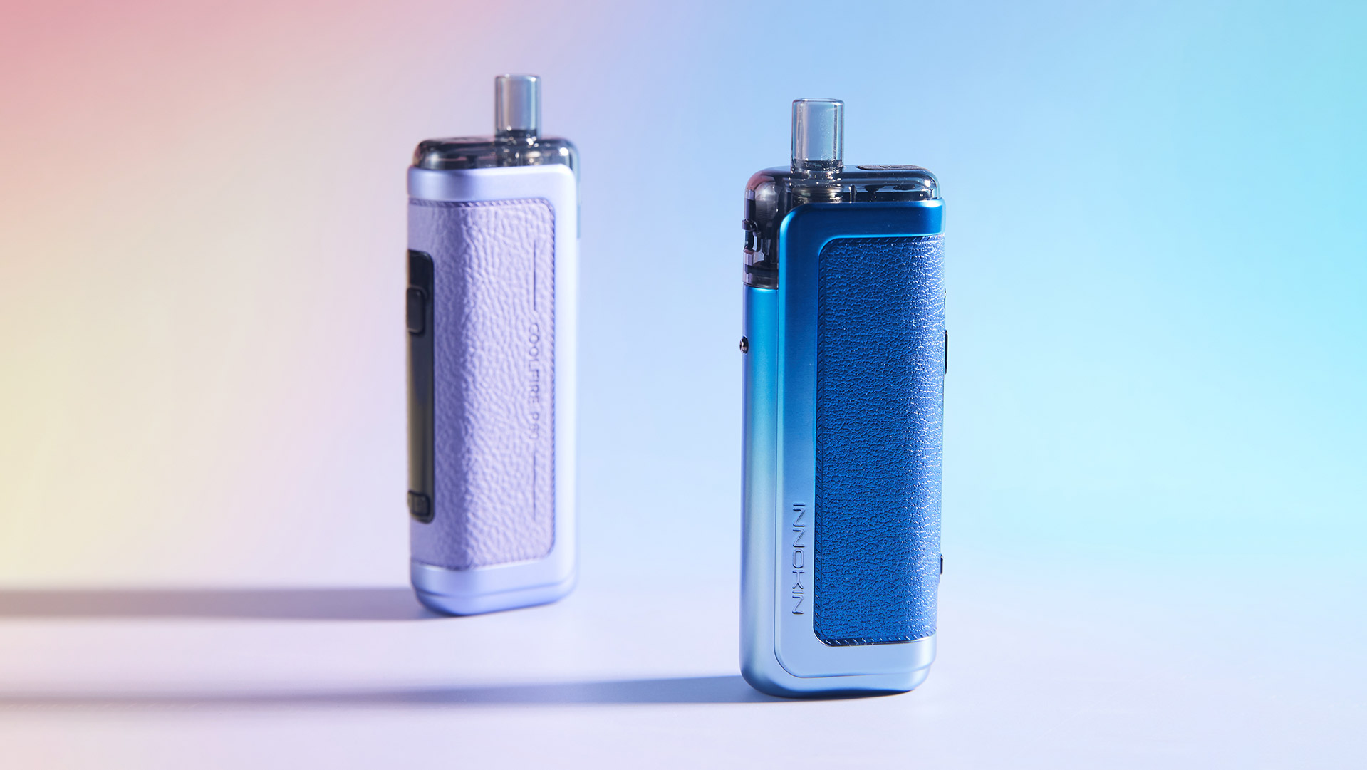 Innokin Coolfire P60 pod vape in pastel purple and vibrant blue, featuring a textured grip design.