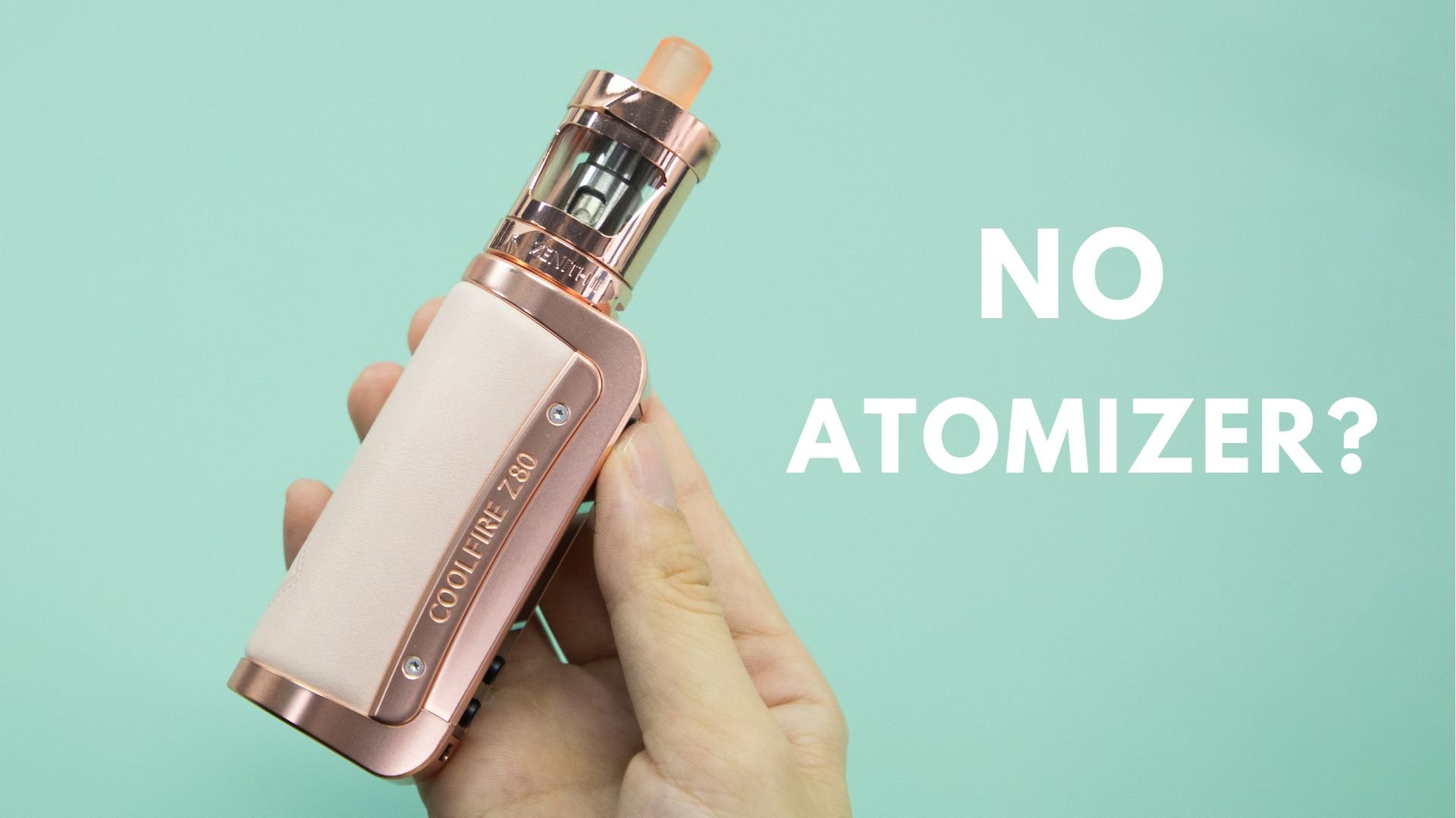 A close-up shot of a hand holding a COOLFIRE Z80 vaping device with a tank, showing the 'NO ATOMIZER?' message on a light green background, emphasizing the need to identify the cause of the 'No Atomizer' error.