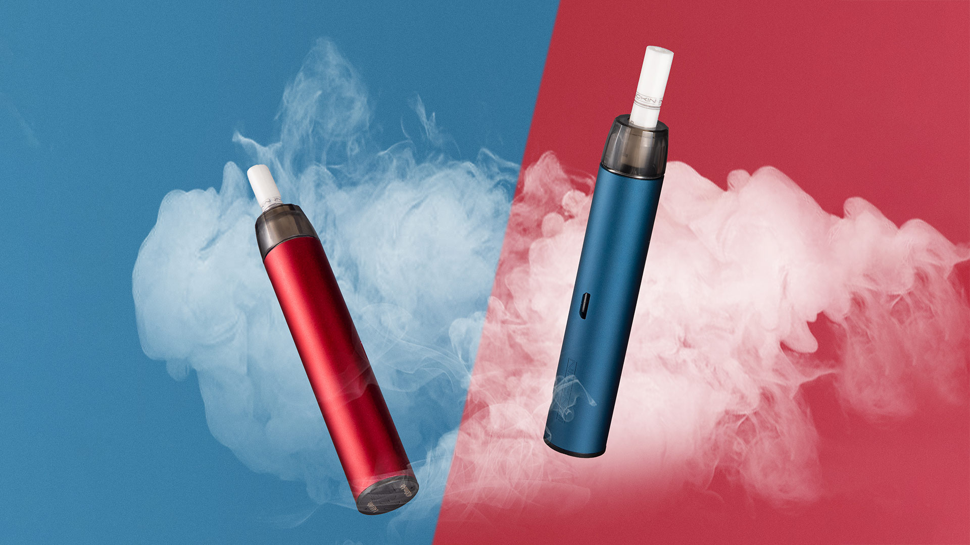 EQ FLTR vape devices in red and blue colors, resembling cigarette shapes.