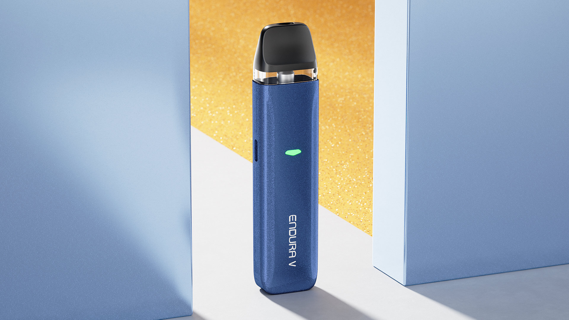 A close-up of the blue ENDURA V vaping device placed between two geometric blocks with a yellow backdrop, showcasing a sleek design. The image highlights the device as part of troubleshooting steps for fixing the 'No Atomizer' error when the device has a problem.