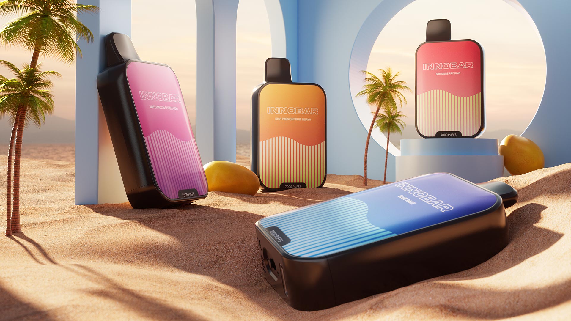 Four colorful INNOBAR CLK are displayed on a sandy beach amidst coconut trees and architectural structures, creating a tropical vacation atmosphere.