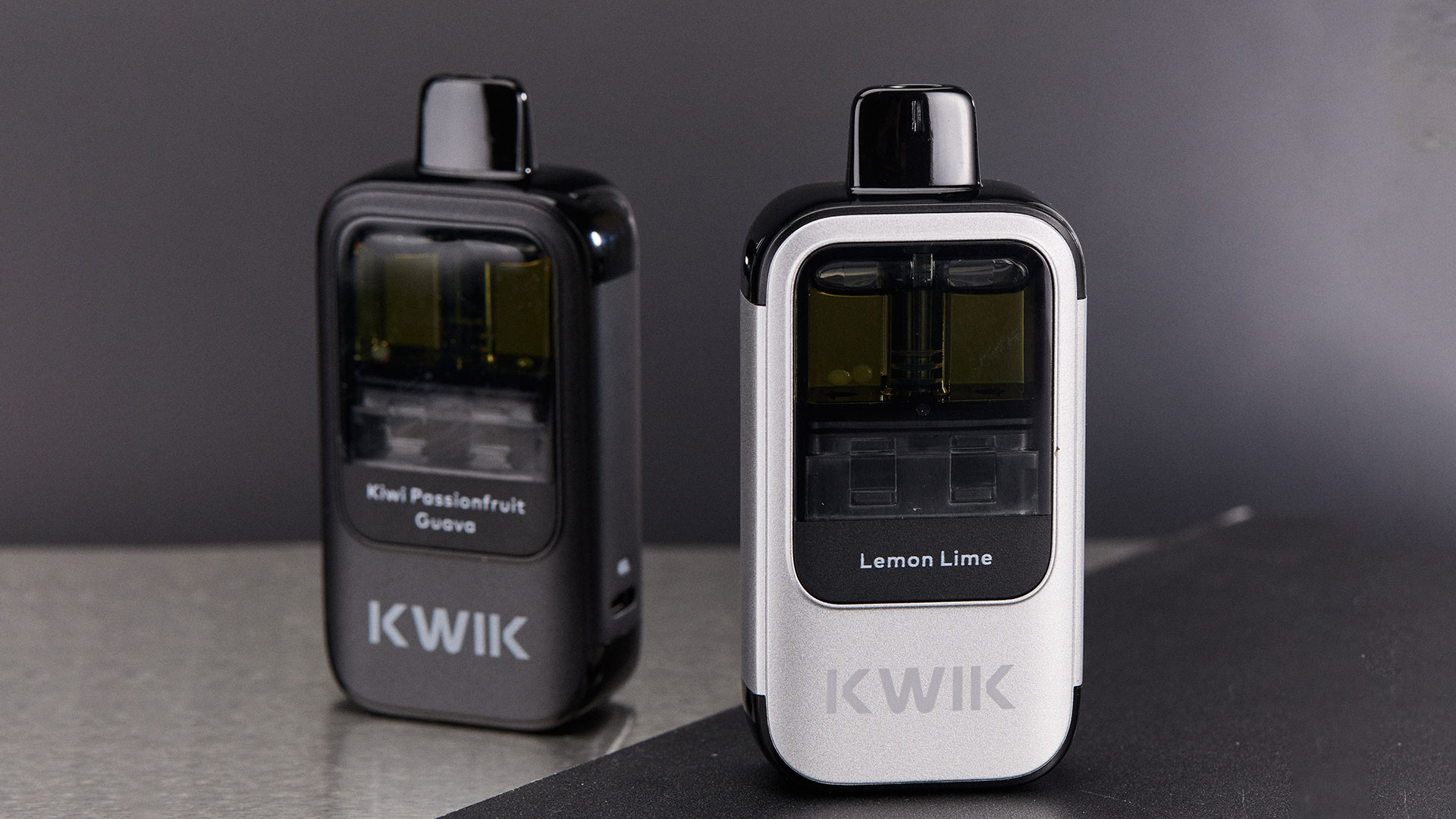 Innokin KWIK pod system in two color options, showcasing Kiwi Passionfruit Guava and Lemon Lime flavors.