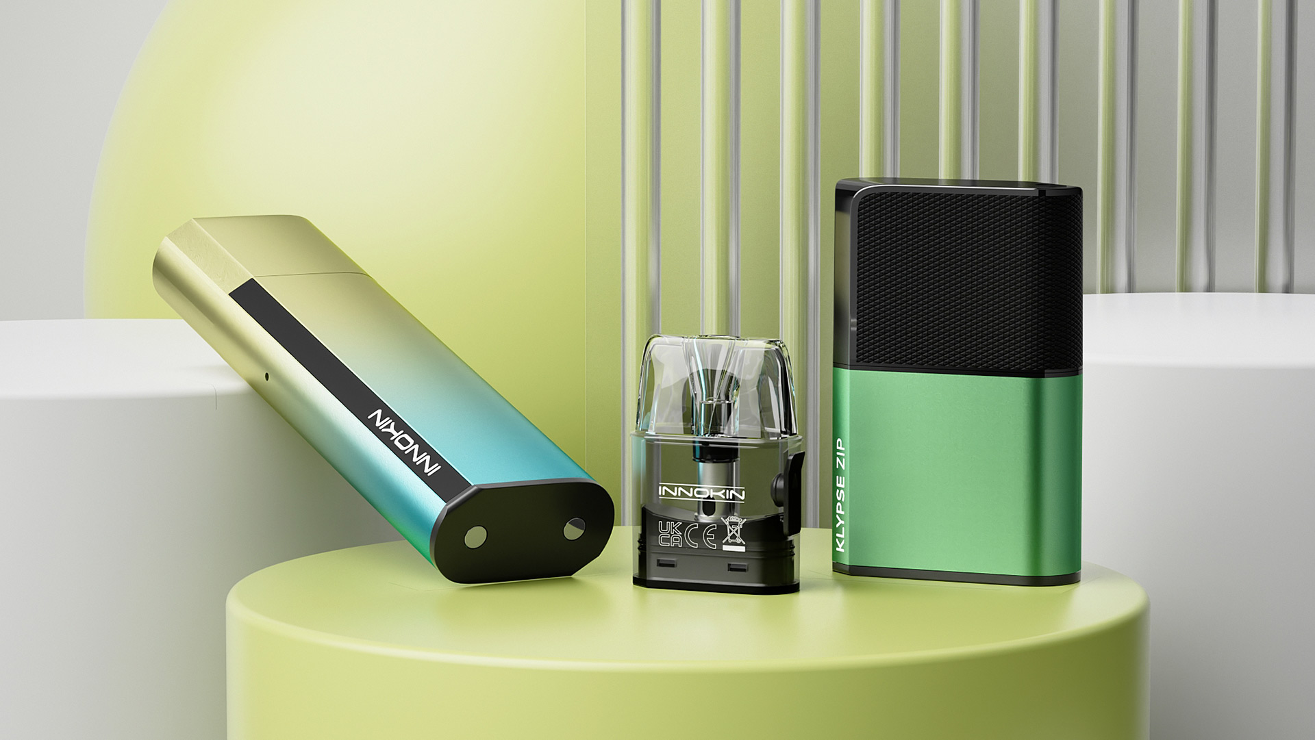 A lineup of Innokin Klypse Series vape products showcasing sleek design and pod options for nicotine salts, set on a stylish geometric green and white backdrop.