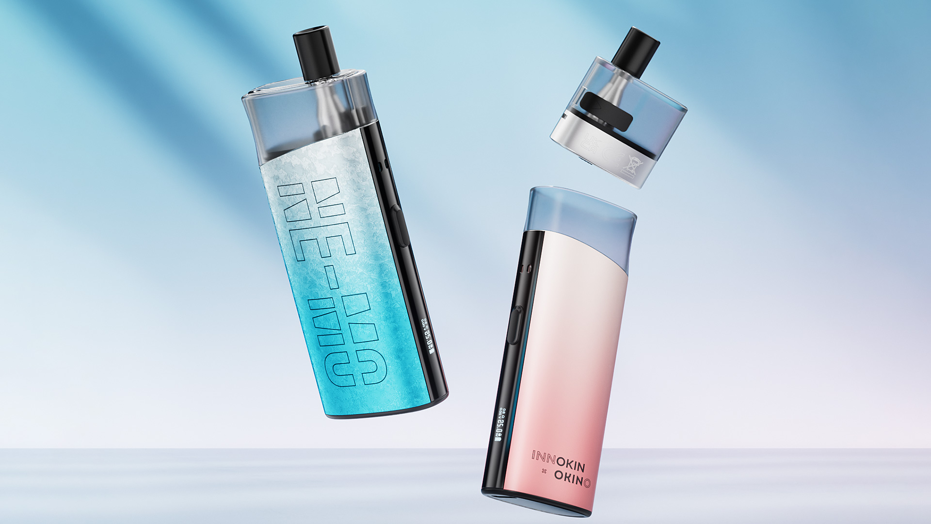 Innokin NE-MO pod system in blue and pink gradient colors, displayed with detachable components.