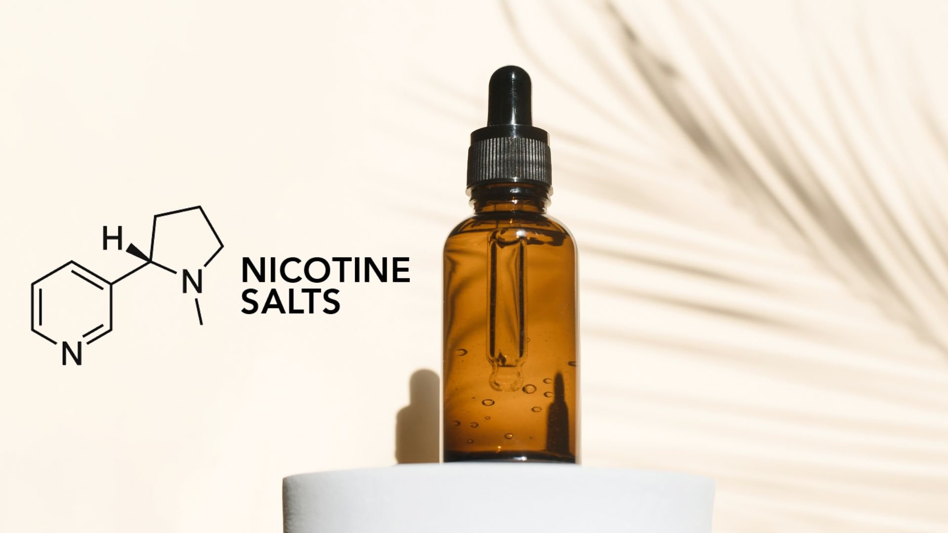 A brown dropper bottle of vape juice placed on a white stand with the text 'Nicotine Salts' and a molecular structure displayed alongside.