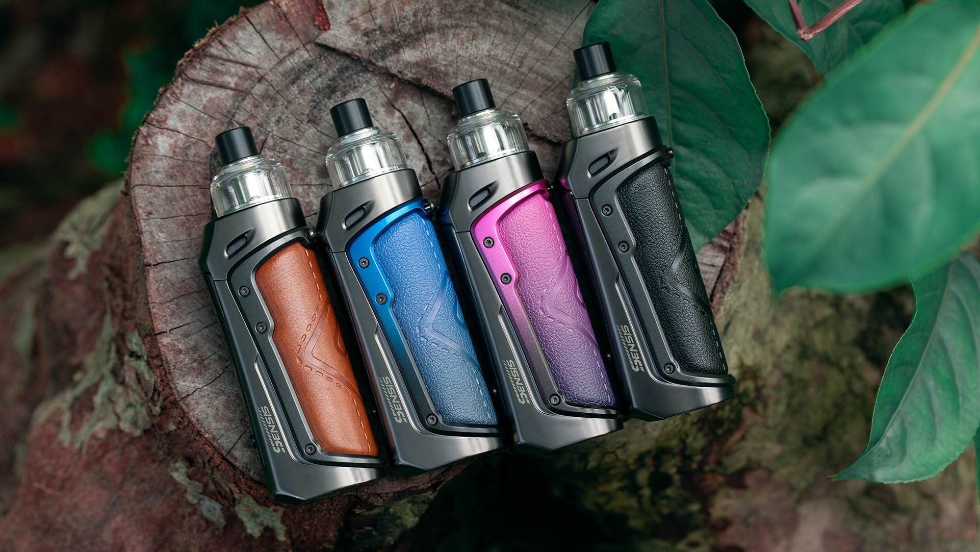 The image displays a collection of Sensis electronic cigarettes in various colors—brown, blue, pink, and black—arranged on a tree stump. The backdrop includes green leaves, adding a touch of nature to the scene.