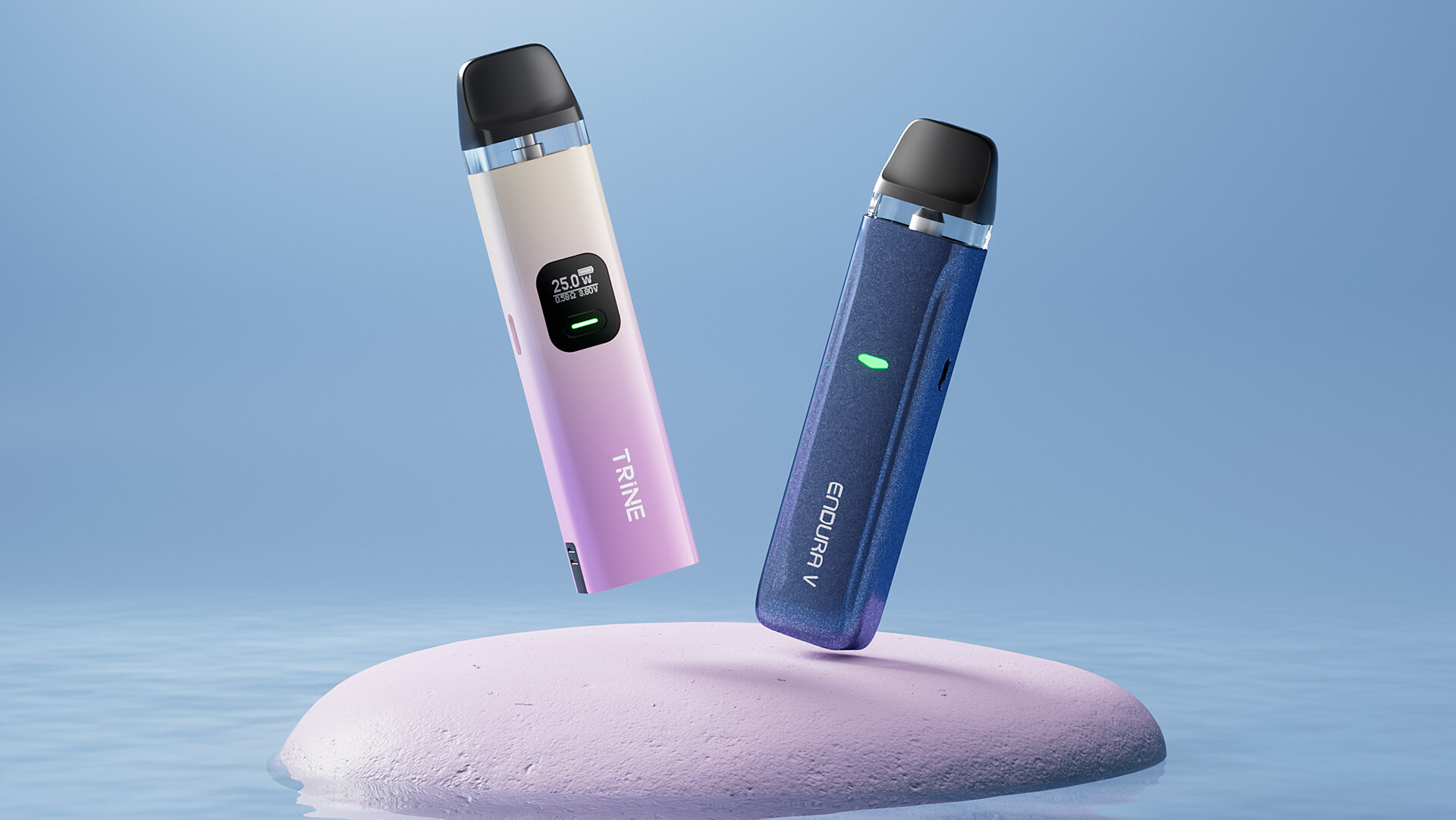 The Innokin Trine and Innokin Endura V refillable pod vapes hover above a smooth stone illuminated with pink light, set against a serene light blue background. The scene evokes a calm, contemplative atmosphere while posing the question: how long does a refillable vape last?