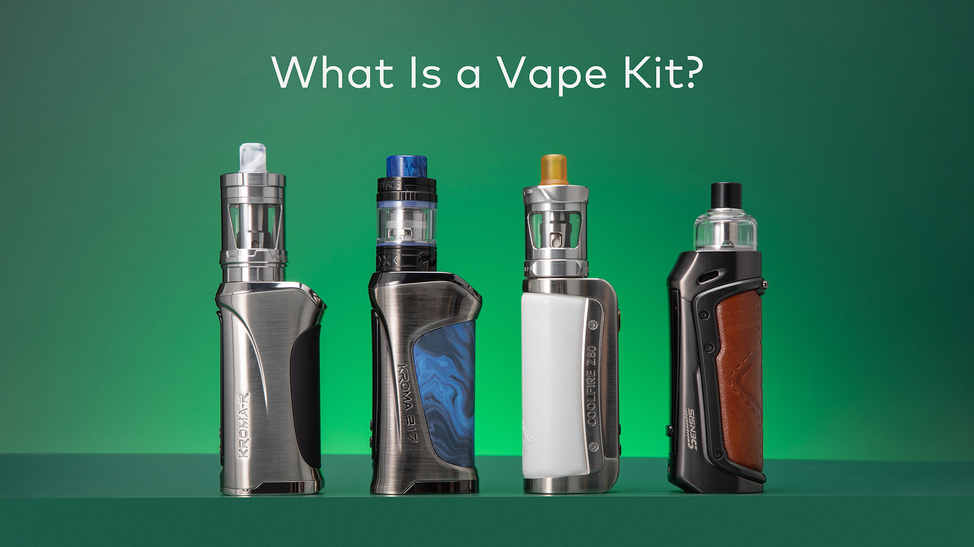 Image depicting four vape kits, each consisting of a mod and an attached tank, displayed against a green background. The mods feature diverse designs and colors, while the tanks are clear, showcasing internal components.