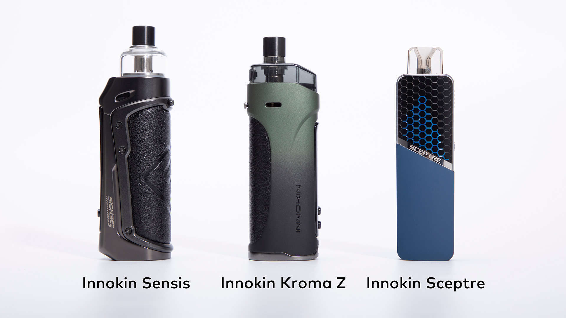 The image shows three different e-cigarette products from the brand Innokin. From left to right, they are: Innokin Sensis Innokin Kroma Z Innokin Sceptre