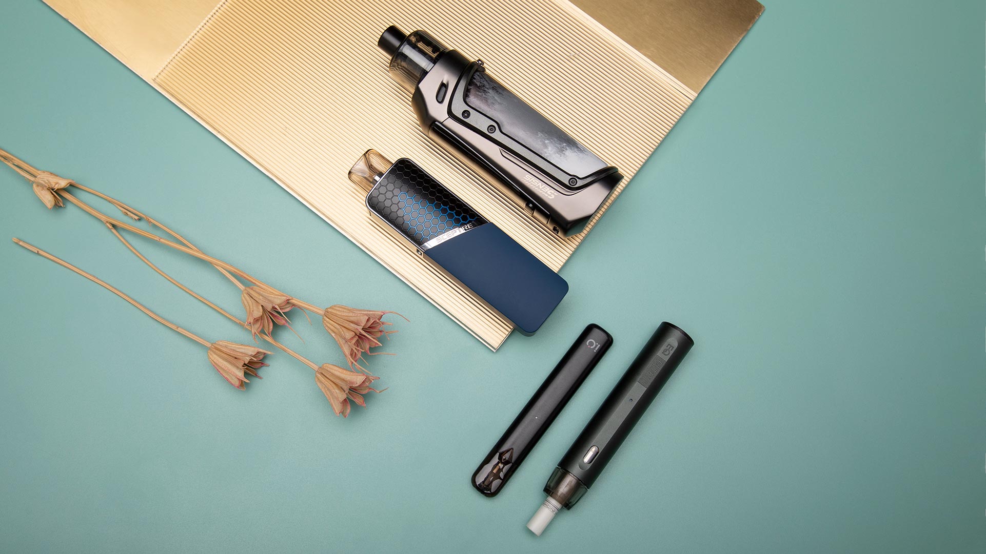The Innokin EQ FLTR, Innokin I.O, Innokin Sceptre, and Innokin Sensis EZ, are showcased on a light green background adorned with dried flowers, illustrating the variety in pod vapes.