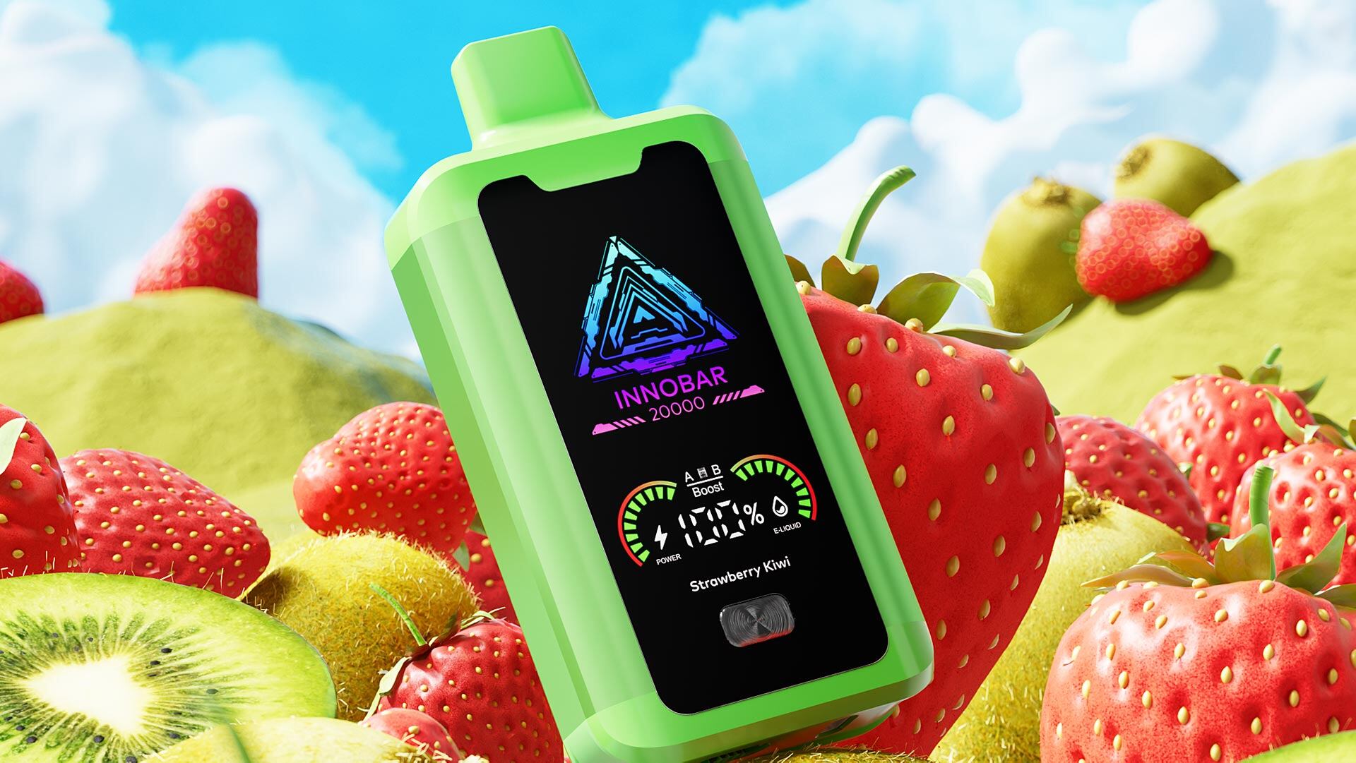 Disposable vape pen with 20000 puff capacity, Strawberry Kiwi flavor.