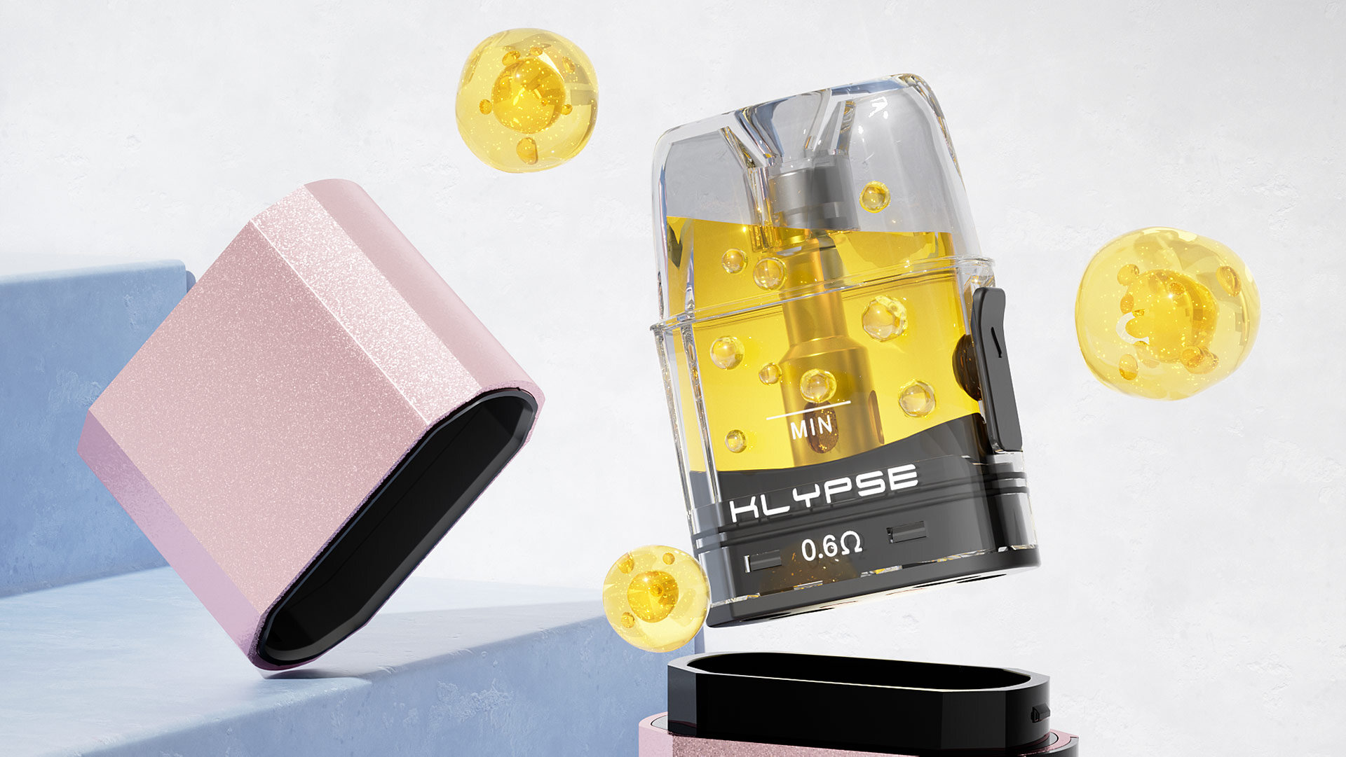 Klypse pod labeled MIN HLYPSE 0.6Ω, containing golden liquid, with a pink magnetic dust proof cap.